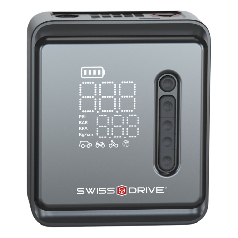 Mini Compresseur Portable Swiss Drive 150 PSI – Recharge USB, Arrêt Auto & Écran Digital. Adaptateur inclus.