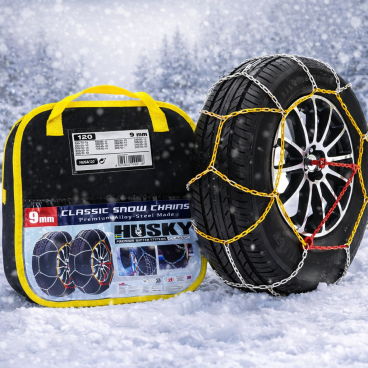 Cha&icirc;nes Neige HUSKY Advance 9mm KN120 &ndash; Acier Renforc&eacute;, Motif en D, Compatibles ABS, Montage Facile, Certifi&eacute;es EN16662-1