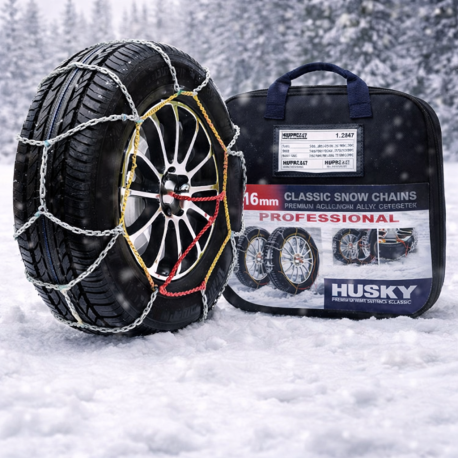 Chaînes Neige HUSKY PROFESSIONAL 16mm – Haute Adhérence Anneaux en D, Véhicules Lourds 4x4 SUV, TÜV GS O-NORM, Sac de Transport