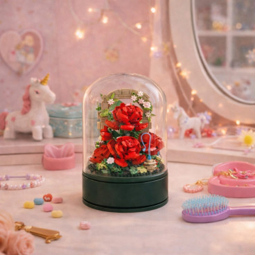 Bouquet de Roses à Construire sous Cloche avec Musique – 574 Briques, Mélodie Intégrée, Jeu de Construction Décoratif
