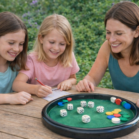 Jeu de Yam’s & 421 Complet – Plateau 28 cm, 5 Dés, Jetons, Pions, Crayon et Feuilles de Score – Jeu de Société Classique