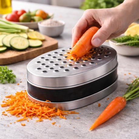 Râpe en Inox 17 cm avec Boîte de Récupération – Double Face Épais & Fin, Précise et Pratique pour Fromage, Légumes et Zestes