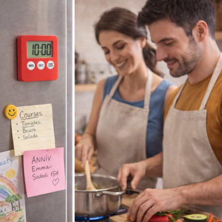 Minuteur Électronique de Cuisine Magnétique – Pile Incluse, Fixation Réfrigérateur ou Hotte – Couleur Aléatoire