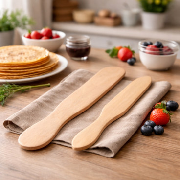 Set de 2 Spatules en Bois pour Crêpes 29 cm & 38 cm – Bout Rond et Pointe, Idéales pour Étaler et Retourner Sans Rayures