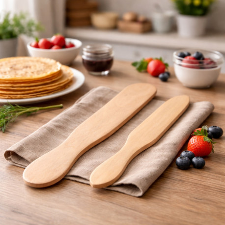 Set de 2 Spatules en Bois pour Crêpes 29 cm & 38 cm – Bout Rond et Pointe, Idéales pour Étaler et Retourner Sans Rayures
