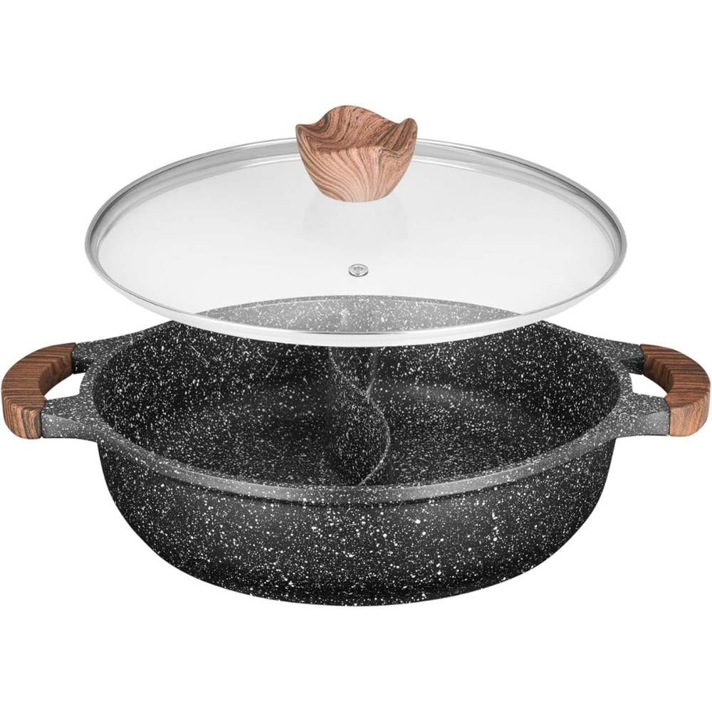 Sitram 716948 Sauteuse 2 compartiments Ø28 cm fonte d’aluminium effet pierre sans PFOA, couvercle verre, tous feux induction