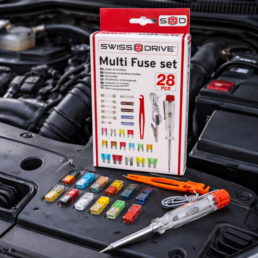 Boîte 26 Fusibles Auto SWISS DRIVE 2A à 75A avec Pince et Testeur 12V – Kit Complet Indispensable pour Véhicule