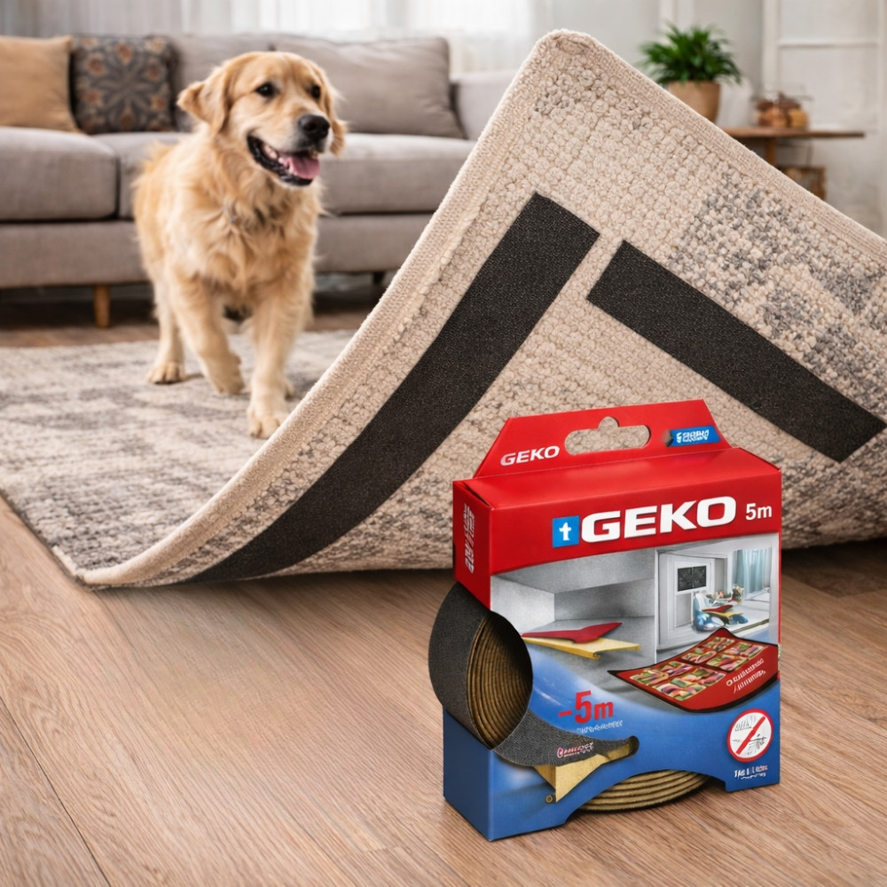 Ruban Adhésif GEKO Antidérapant 25mm x 5M pour Tapis et Moquettes – Maintient les Tapis en Place, Anti-Glisse, Usage Intérieur