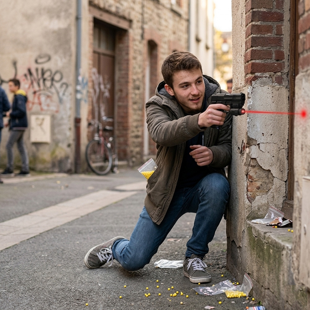 Pistolet à billes 15 cm avec laser – 0,11 J – 18 billes incluses