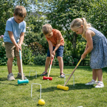 Jeu de Croquet Complet en Bois pour 4 Joueurs avec Arceaux Maillets et Boules – Jeu de Jardin avec Filet de Rangement