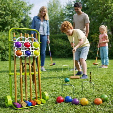 Jeu de Croquet Complet en Bois pour 6 Joueurs avec Chariot de Transport Arceaux Maillets et Boules &ndash; Jeu de Jardin avec Rangemen