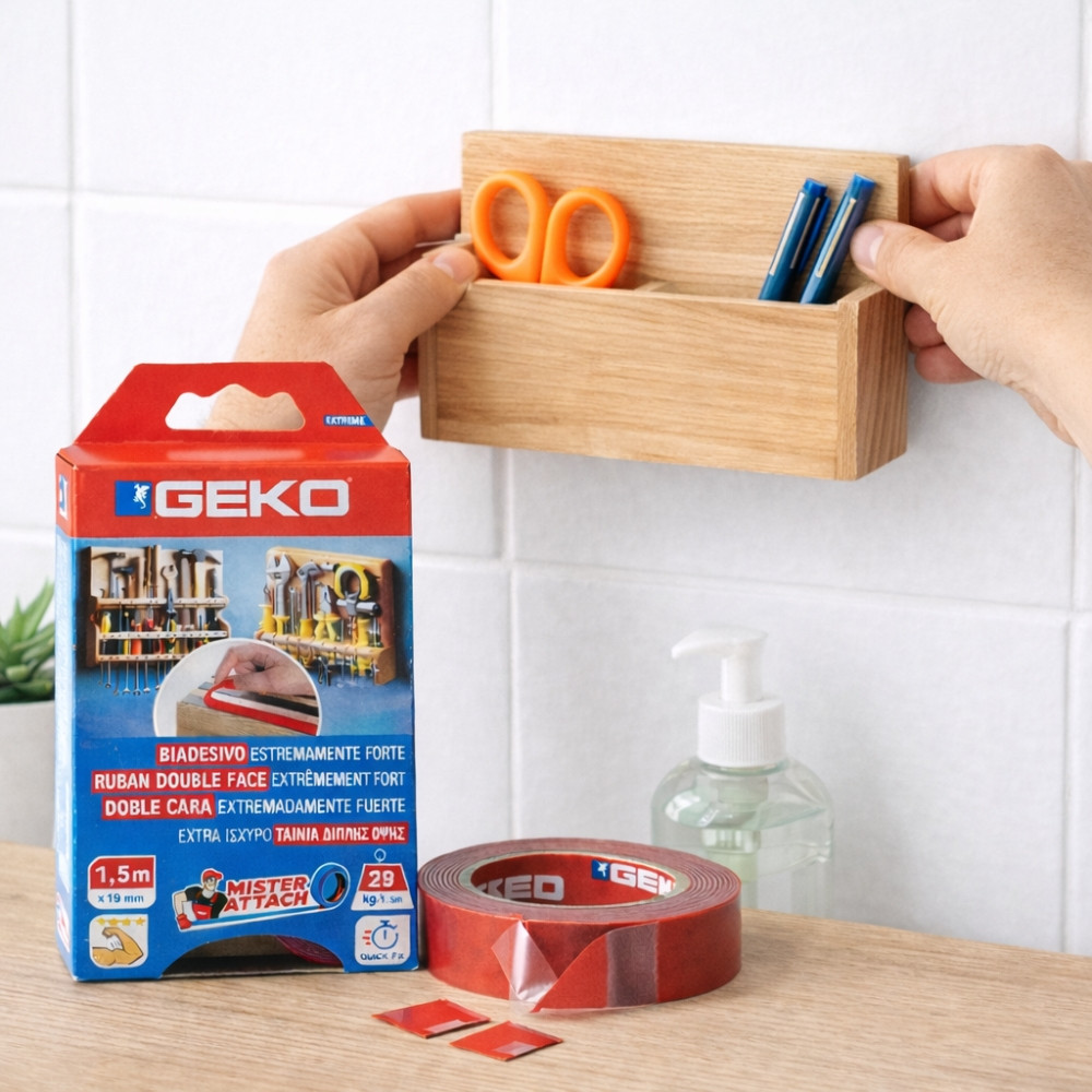 Adhésif Double Face Mousse GEKO 19mm x 1,5M – Fixation Verticale Ultra Résistante, Qualité Professionnelle 22 Kg