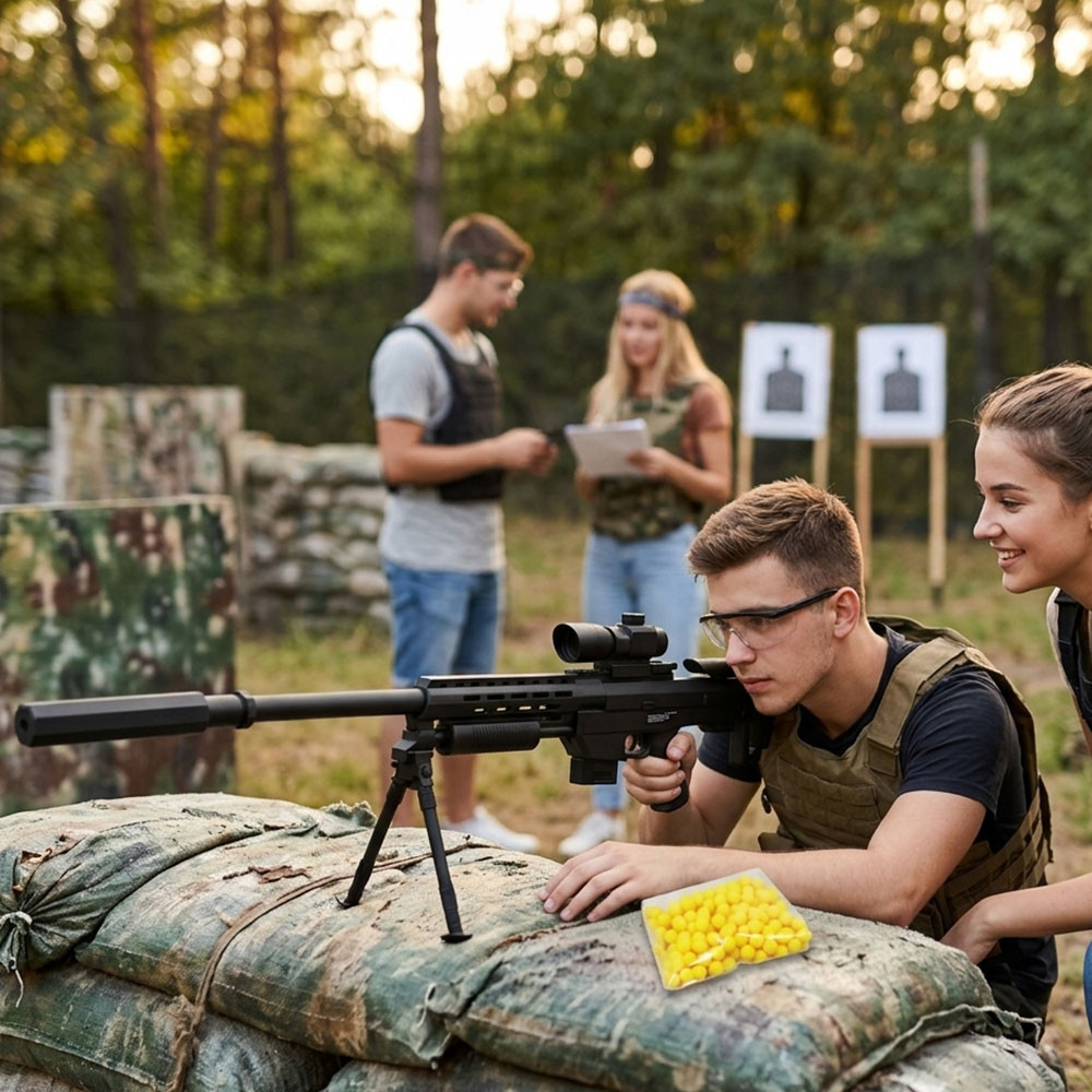 Fusil à billes 81 cm avec trépied et lunette factice – 0.5J, 18 billes incluses