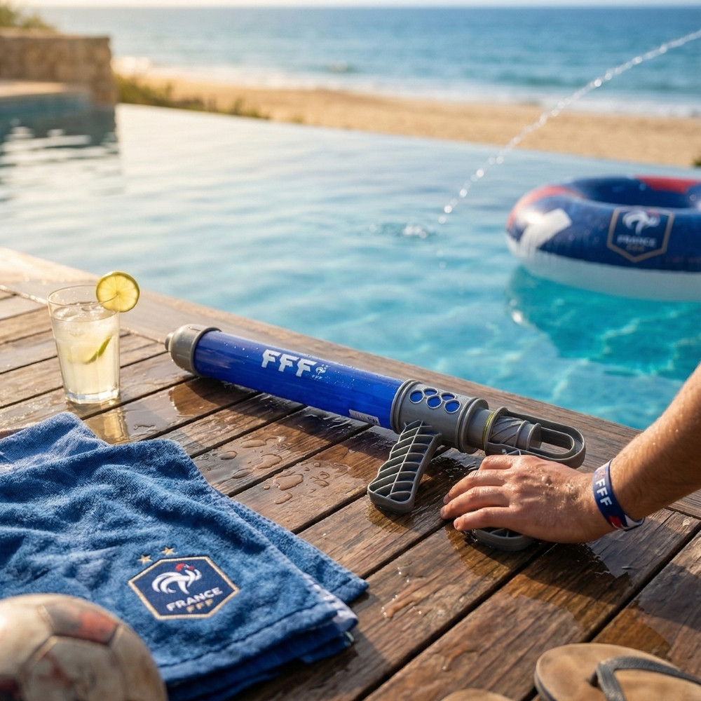 Pistolet Pompe à Eau 40 cm – Produit Officiel Équipe de France FFF, Lanceur d’Eau pour Jeux de Piscine et Plage
