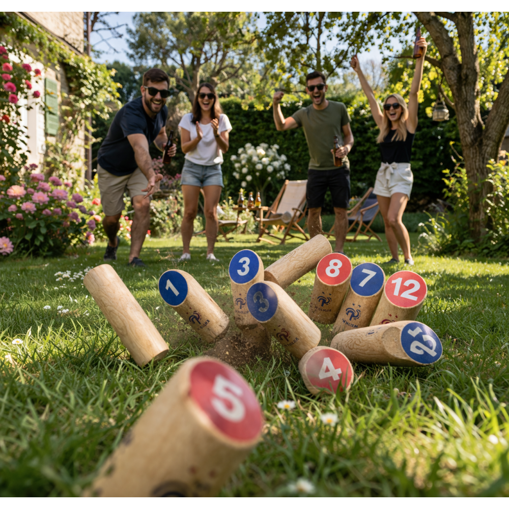 Jeu de Quilles Finlandaises en Bois – Produit Officiel Équipe de France FFF, Jeu d’Adresse en Plein Air pour Jardin