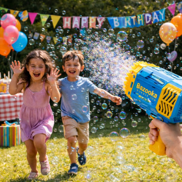 Pistolet &agrave; Bulles LED 69 Sorties Bazooka Lumineux pour Enfants &ndash; Machine &agrave; Bulles pour Jeux Ext&eacute;rieur Bleu et Jaune