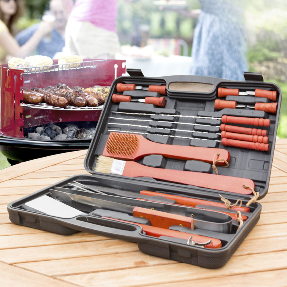 Malette Barbecue 18 Pièces Ustensiles en Acier Inoxydable Bois et Polyéthylène – Kit BBQ Complet
