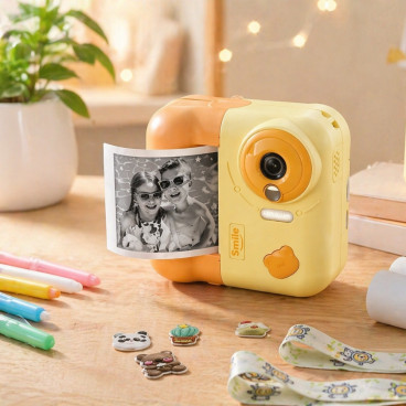Appareil Photo Enfant Impression Instantan&eacute;e 48 MP Vid&eacute;o 1080p &Eacute;cran 2,4 Pouces 3 Rouleaux &ndash; Jeux et Lecteur Audio Jaune Orange