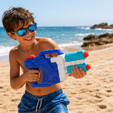 DUOJET50 - Pistolet &agrave; Eau XL 50 cm Double Jets Grande Port&eacute;e Couleur Al&eacute;atoire &ndash; Jouet d&rsquo;Eau pour Piscine, Plage et Jardin