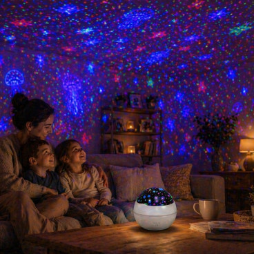 Veilleuse Projecteur Effets Lumineux 2 en 1 Ciel &Eacute;toil&eacute; et Oc&eacute;an &ndash; Lampe de Nuit Enfant Color&eacute;e avec 2 Globes Interchangeables
