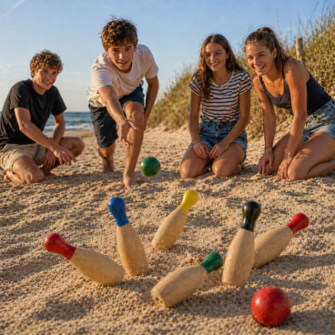 Jeu de 6 Quilles Color&eacute;es en Bois 20 cm avec 2 Boules 5 cm &ndash; Jeu d&rsquo;Adresse Ext&eacute;rieur pour Jardin, Famille et Loisirs