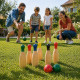 Jeu de 6 Quilles Colorées en Bois 20 cm avec 2 Boules 5 cm – Jeu d’Adresse Extérieur pour Jardin, Famille et Loisirs