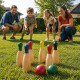 Jeu de 6 Quilles Colorées en Bois 20 cm avec 2 Boules 5 cm – Jeu d’Adresse Extérieur pour Jardin, Famille et Loisirs