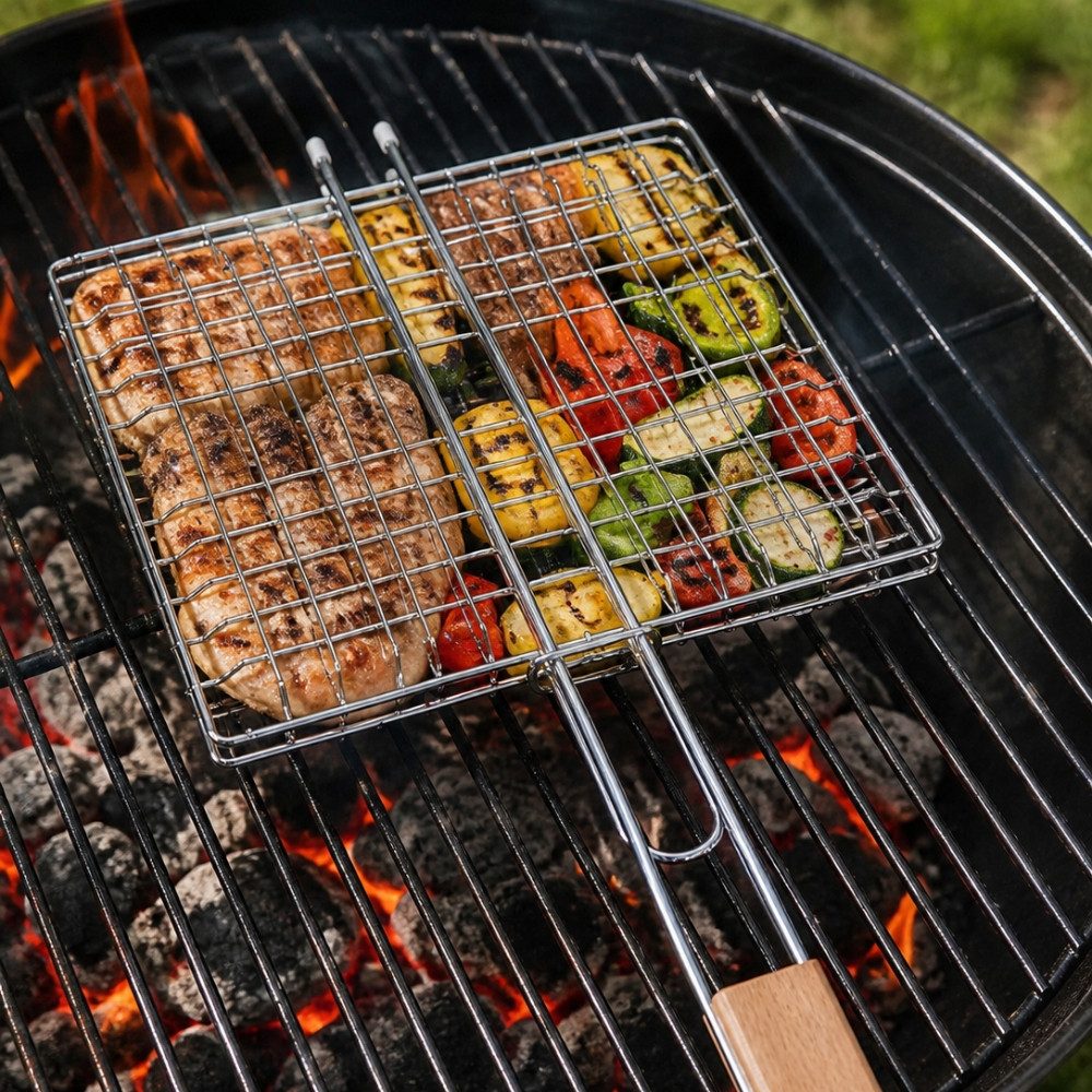 Set de 2 Double Grilles Barbecue Acier Chromé Carré 25x25 cm – Accessoires de Cuisson pour Grill, Viande et Légumes