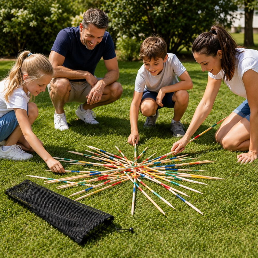 MIKADOXXL - Mikado Géant XXL 80 cm en Bois – Jeu d’Adresse Extérieur avec Filet