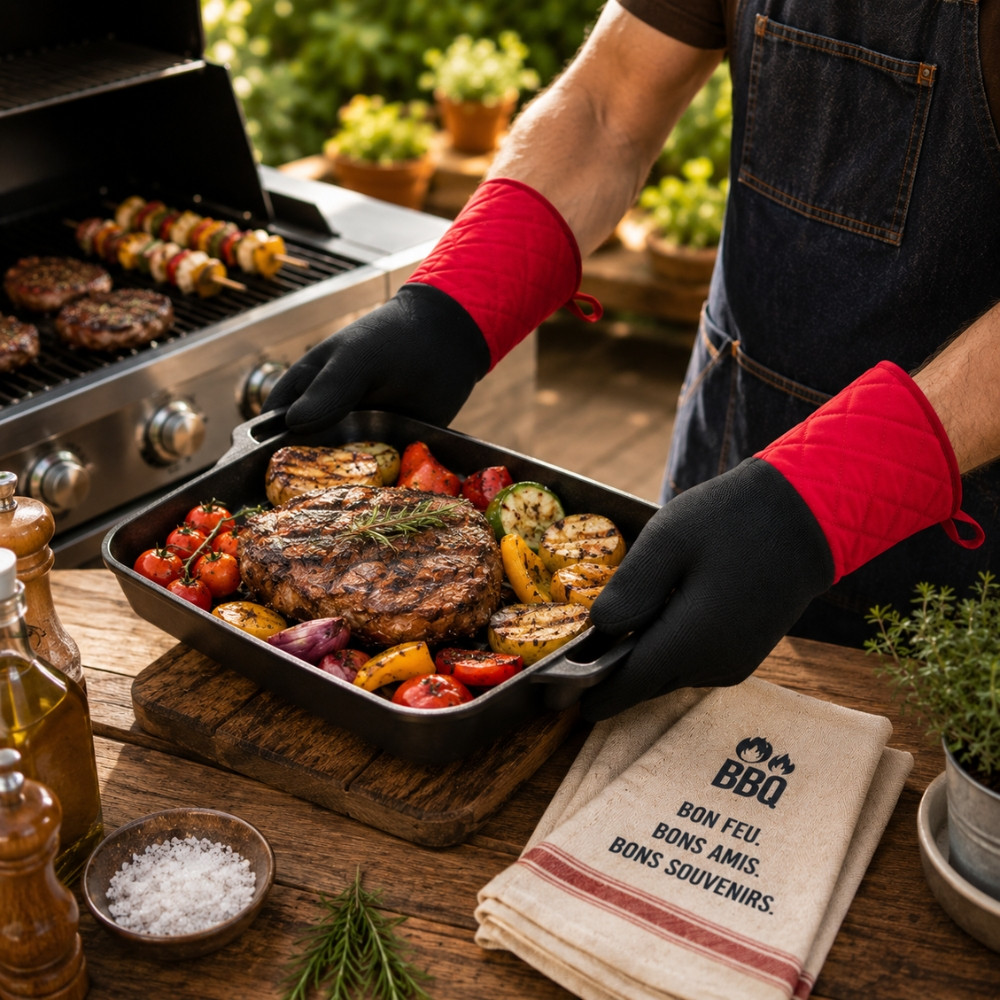 Set de 2 Gants Barbecue Résistants à la Chaleur 280° Coton et Silicone Antidérapant – Gants Cuisine pour Grill, Four et Plancha