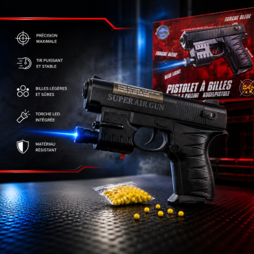 Pistolet &agrave; Billes 15 cm avec Laser Bleu &ndash; R&eacute;plique Ludique 0,13 Joule avec 18 Billes