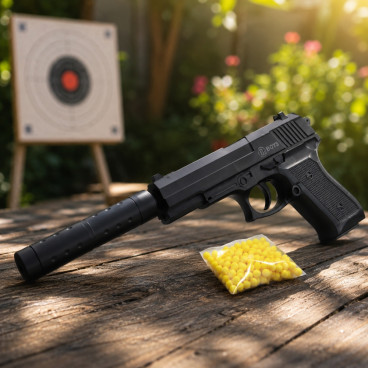 Pistolet &agrave; Billes 18 cm avec Silencieux et 18 Billes Incluses &ndash; 0,05 Joule